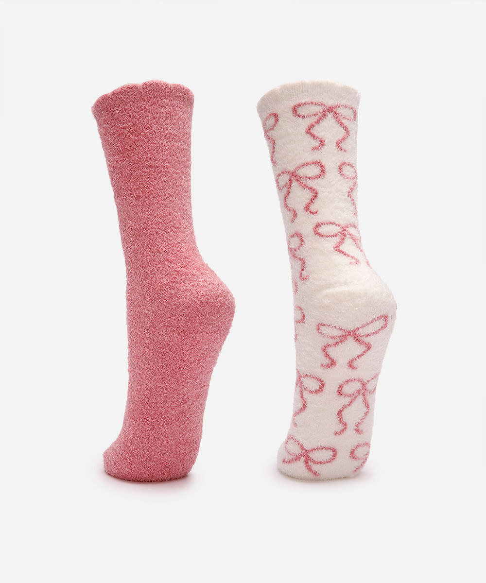 kit de 2 meias femininas cano alto lacinho colorida