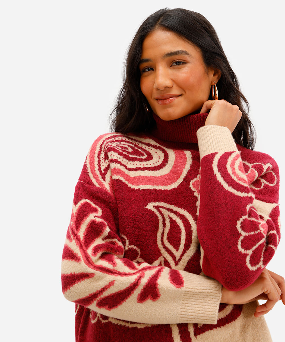 suéter feminino de tricot gola alta floral bege