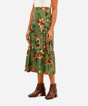 saia midi feminina com linho recortes floral verde