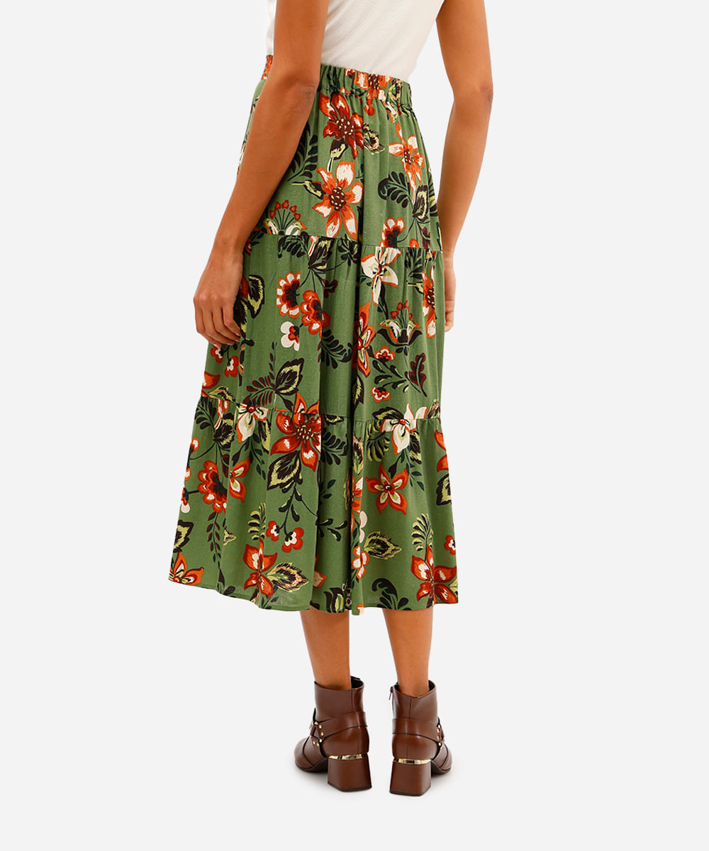 saia midi feminina com linho recortes floral verde