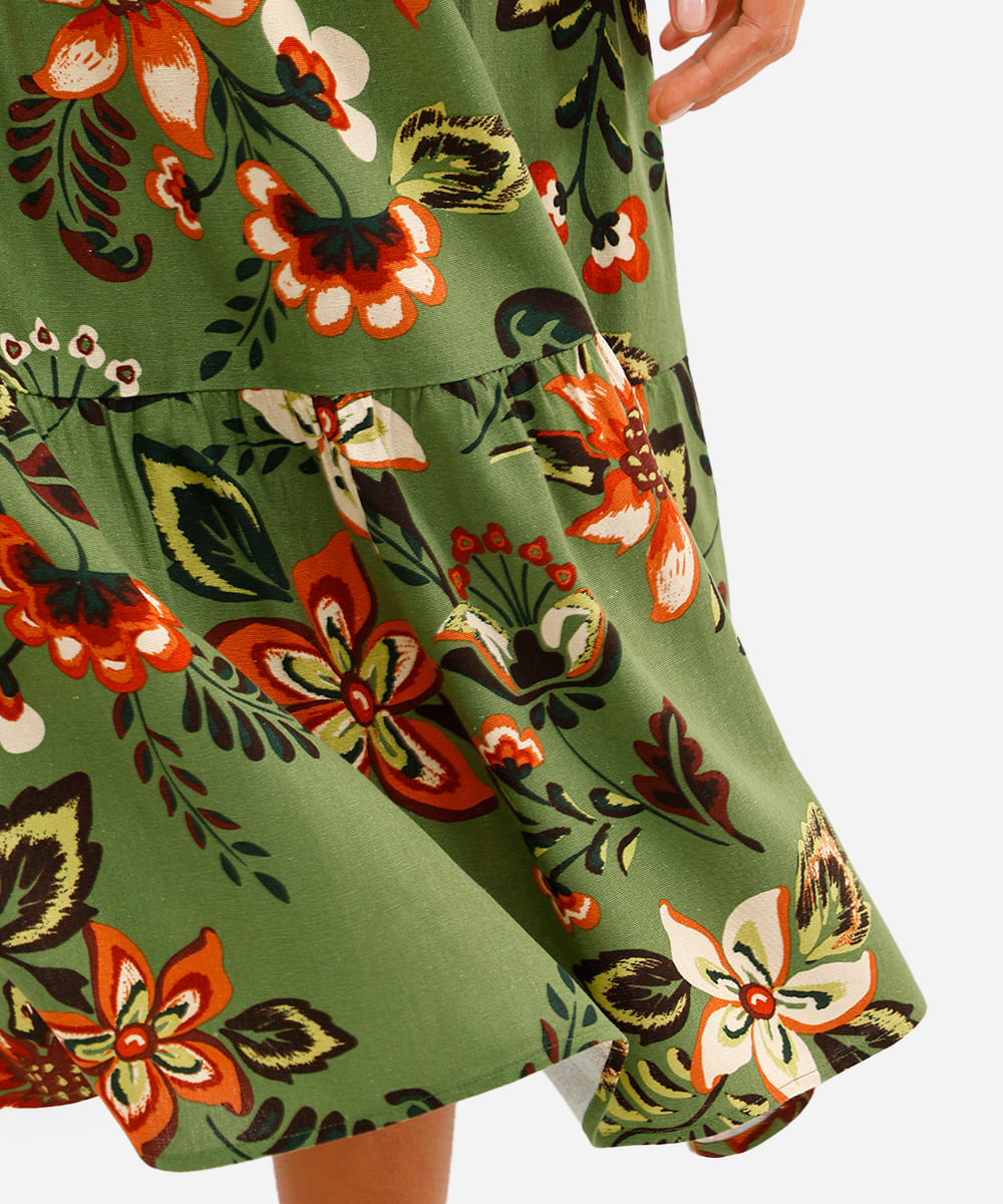 saia midi feminina com linho recortes floral verde