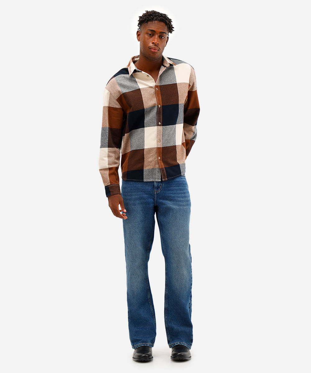 camisa masculina de algodão manga longa xadrez preta