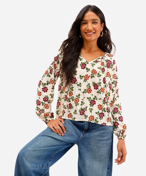 bata feminina de viscose floral com lurex bege