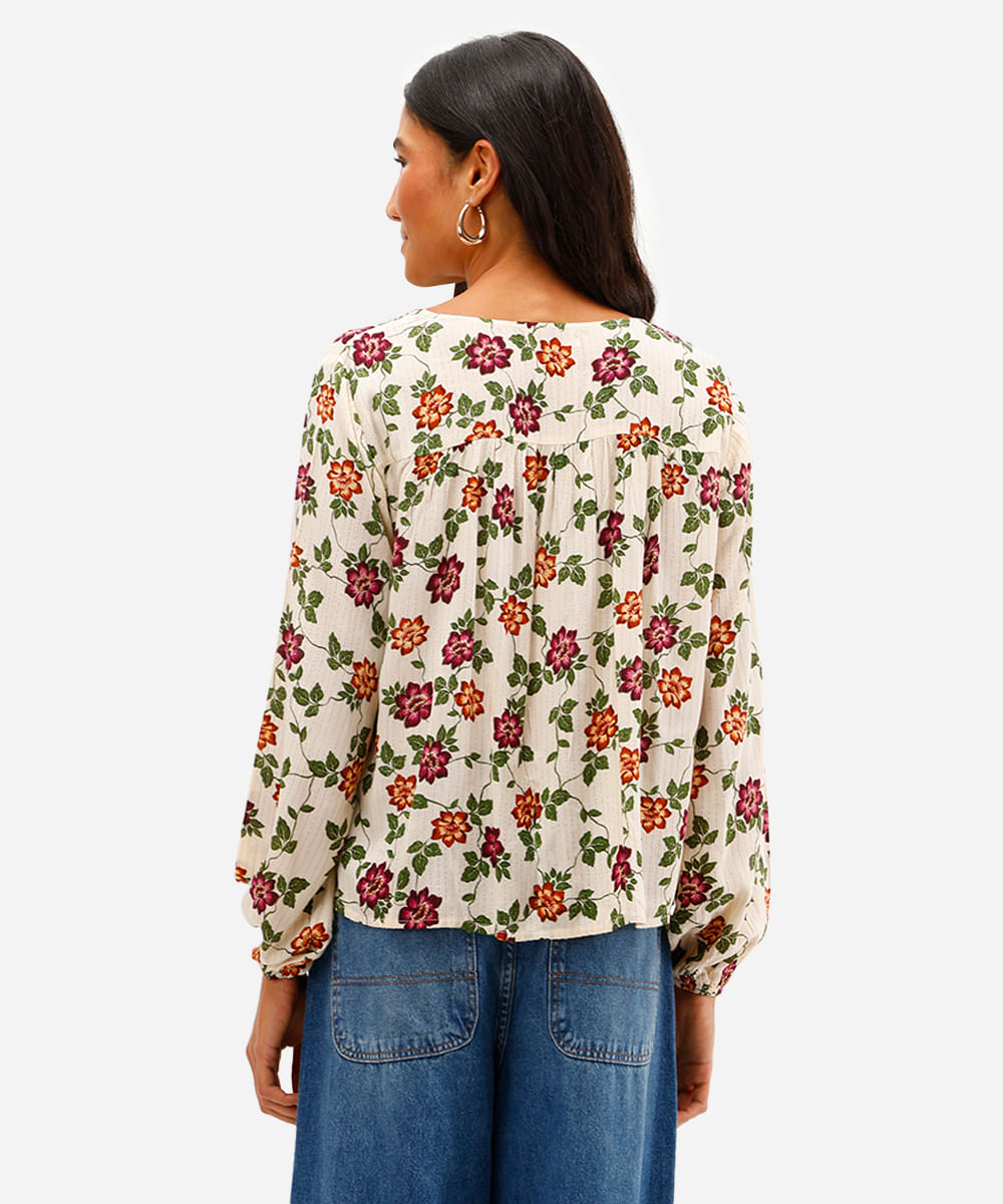 bata feminina de viscose floral com lurex bege