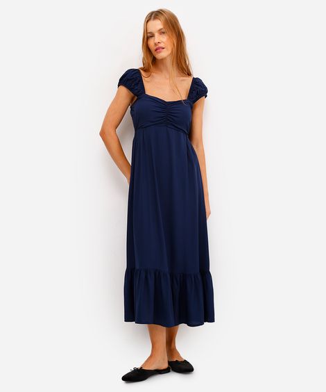 vestido midi feminino de viscose decote coração com recorte azul