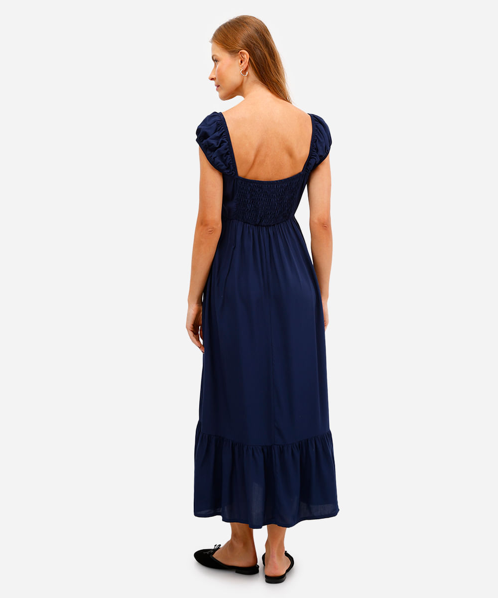 vestido midi feminino de viscose decote coração com recorte azul