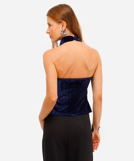 blusa frente única feminina de veludo azul
