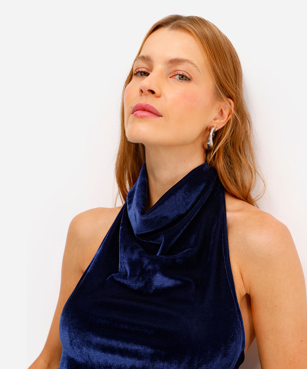 blusa frente única feminina de veludo azul