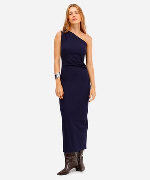 vestido midi ombro único feminino com franzido e fenda azul