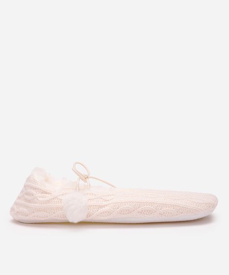 pantufa feminina de tricot com amarração e antiderrapante bege