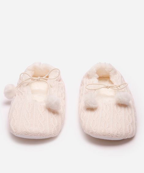 pantufa feminina de tricot com amarração e antiderrapante bege