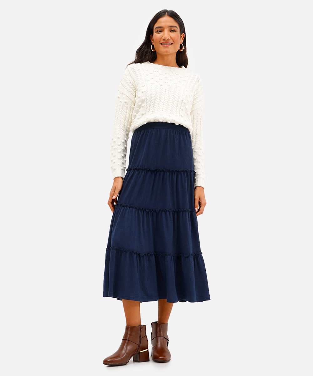 saia midi texturizada com frufru azul