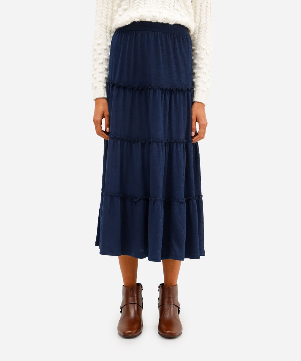 saia midi texturizada com frufru azul
