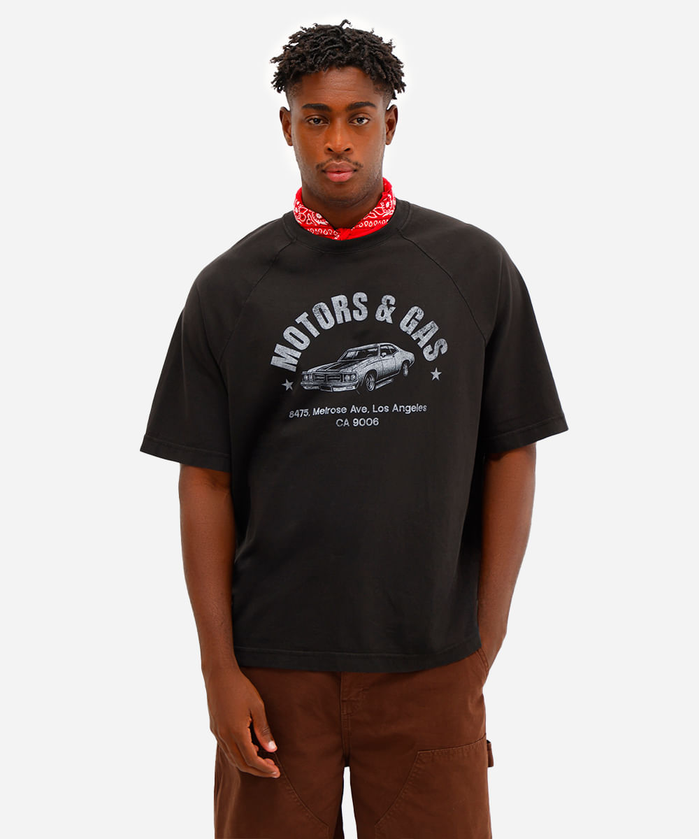 camiseta oversized masculina de algodão motors e gas preta