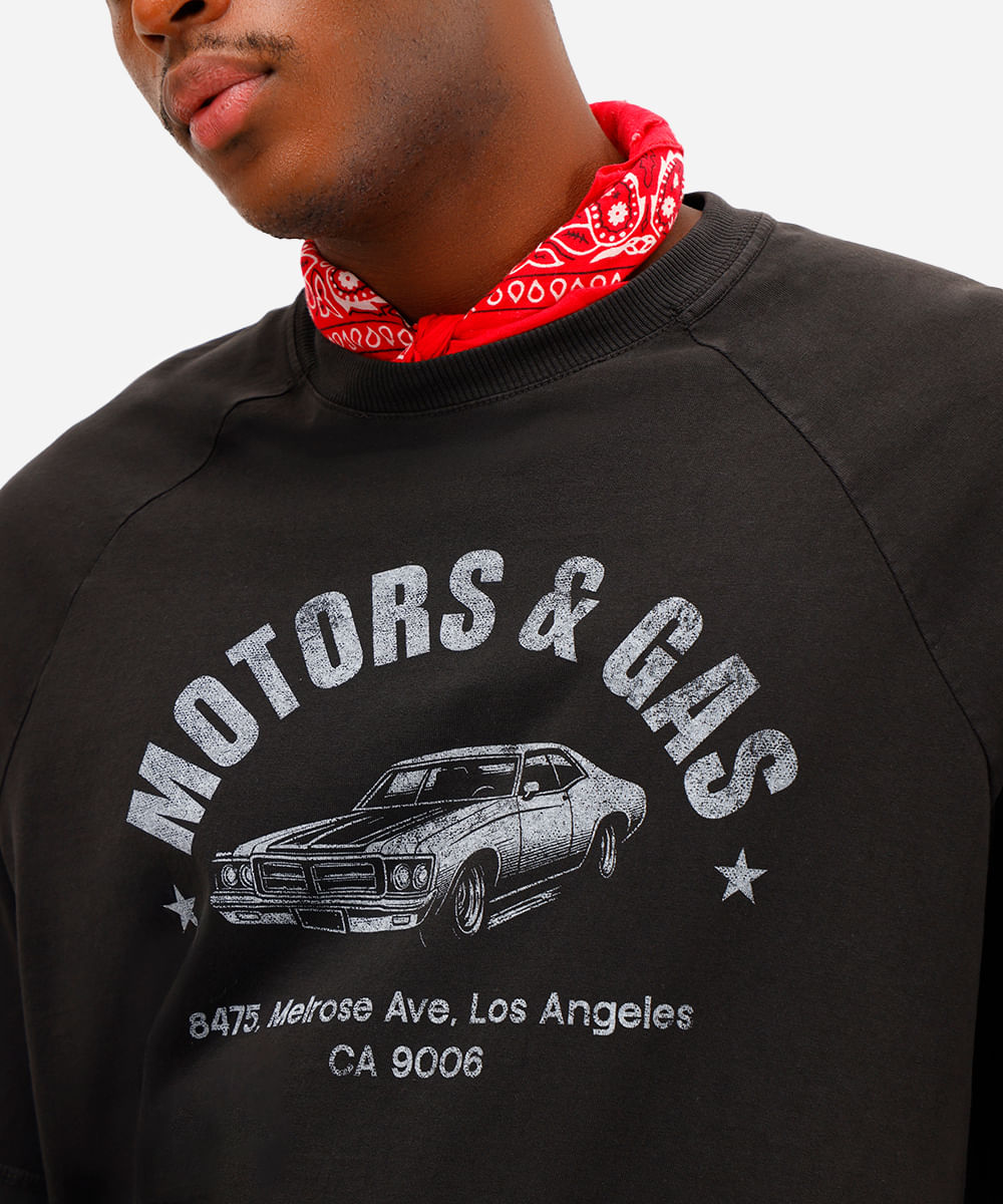 camiseta oversized masculina de algodão motors e gas preta