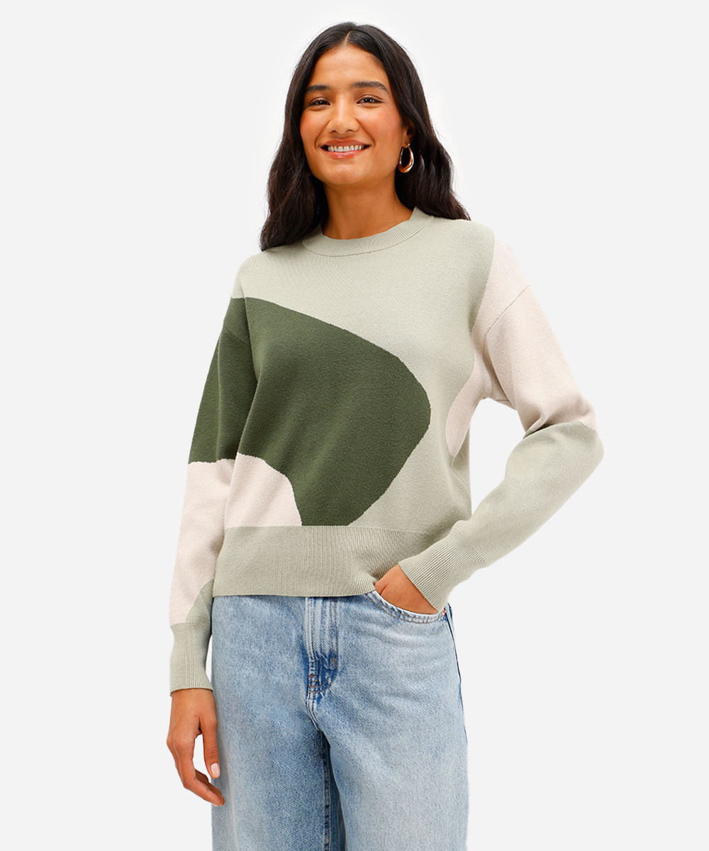 suéter feminino de tricot  abstrato verde