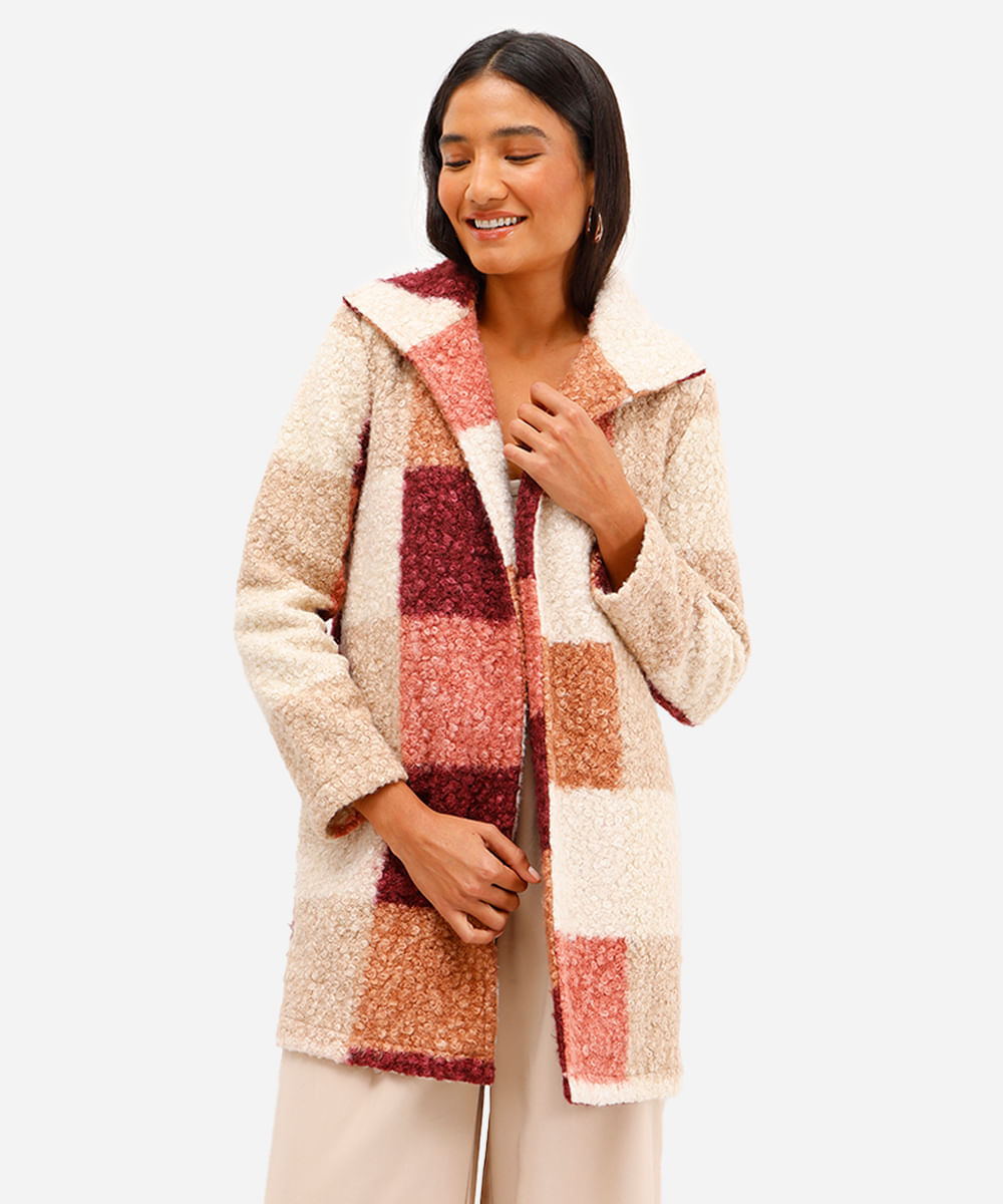 casaco alongado feminino texturizado xadrez vinho