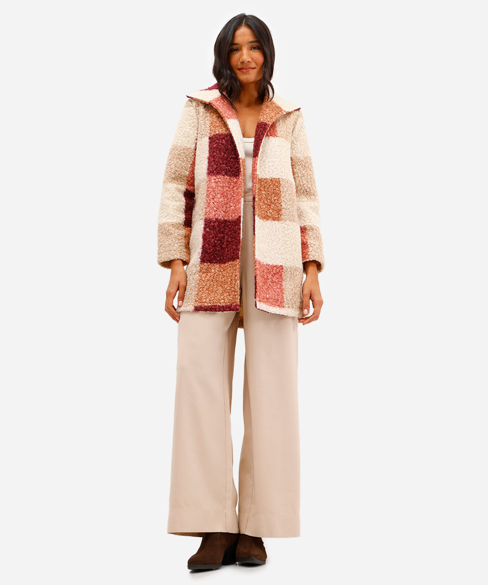 casaco alongado feminino texturizado xadrez vinho