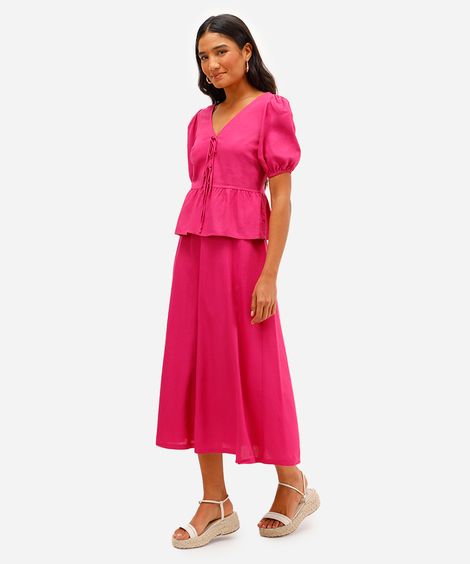 saia midi feminina com linho e recortes rosa