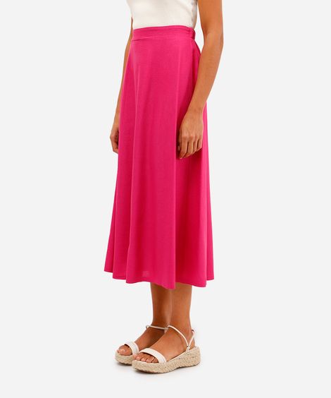 saia midi feminina com linho e recortes rosa