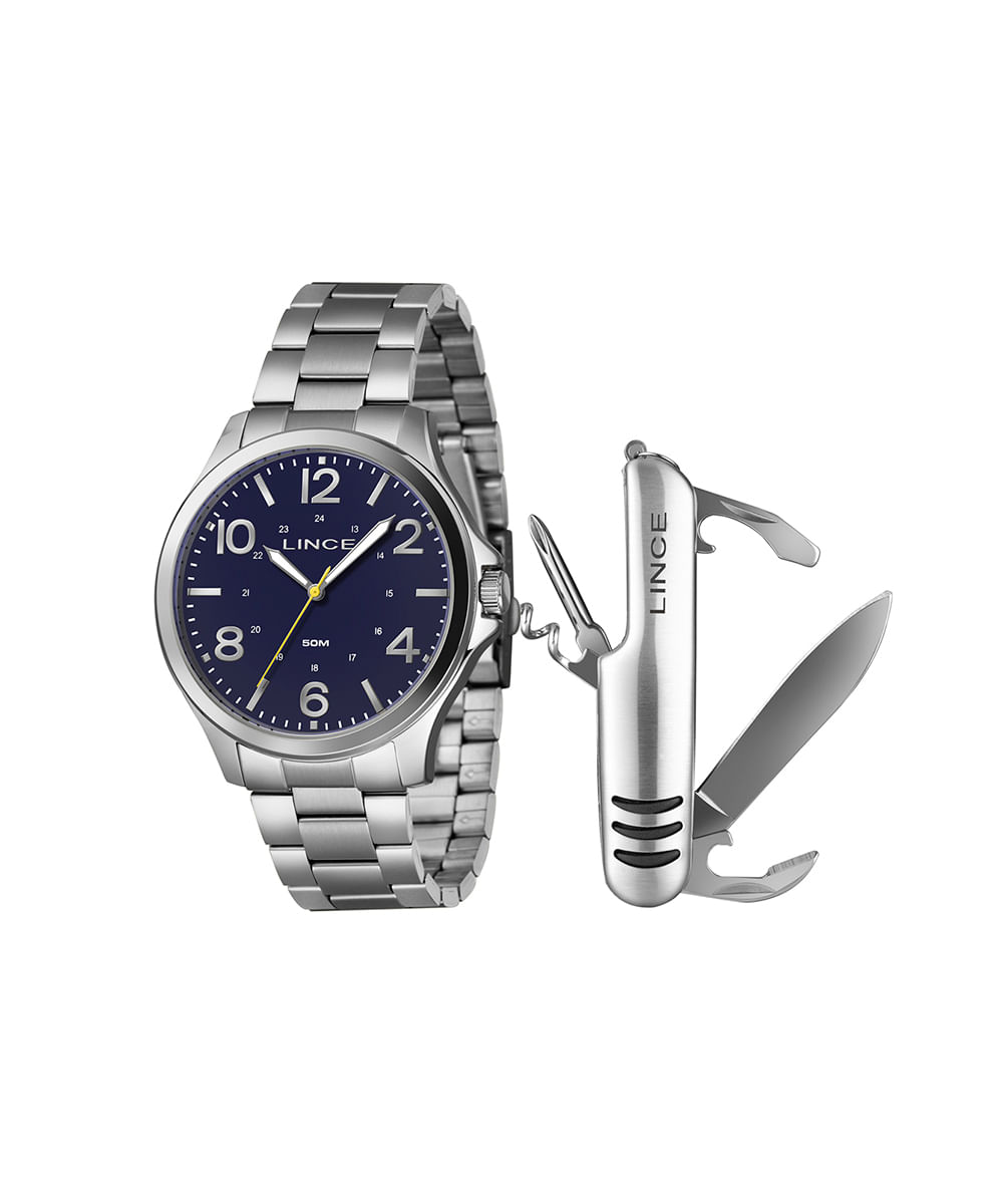 kit relógio masculino lince mrmm017l46ka6kd2sx analógico prateado