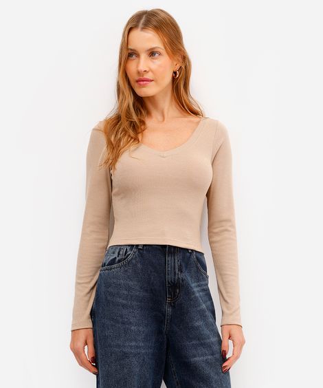 blusa básica decote v manga longa preto - areia