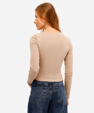 blusa básica feminina decote v manga longa bege