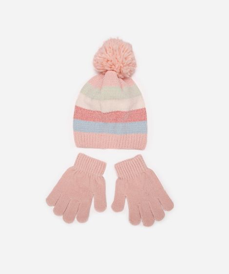 kit infantil gorro e luva listrado colorida