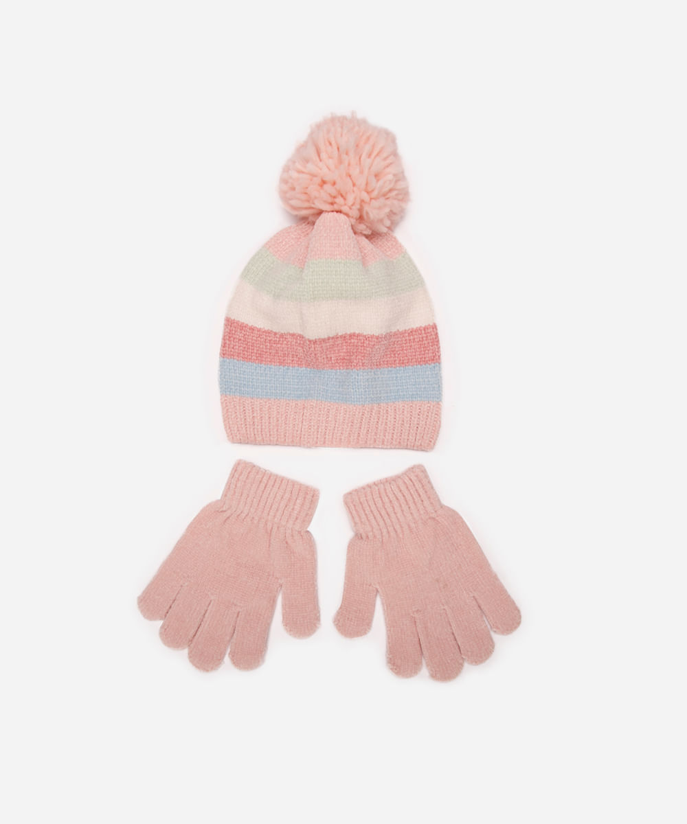 kit infantil gorro e luva listrado colorida