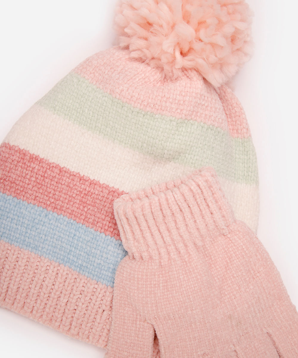 kit infantil gorro e luva listrado colorida