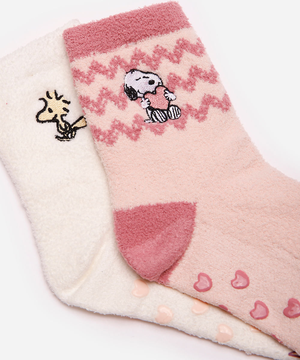 kit de 2 meias infantis cano alto com antiderrapante snoopy e woodstock colorida