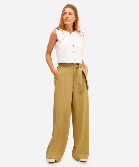 calça reta feminina de alfaiataria com faixa verde