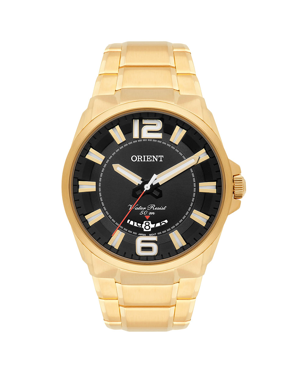 relógio masculino orient mgss1157p2kx analógico calendário dourado