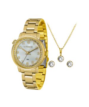 kit relógio feminino lince lrg4570lkf84b2kx analógico dourado