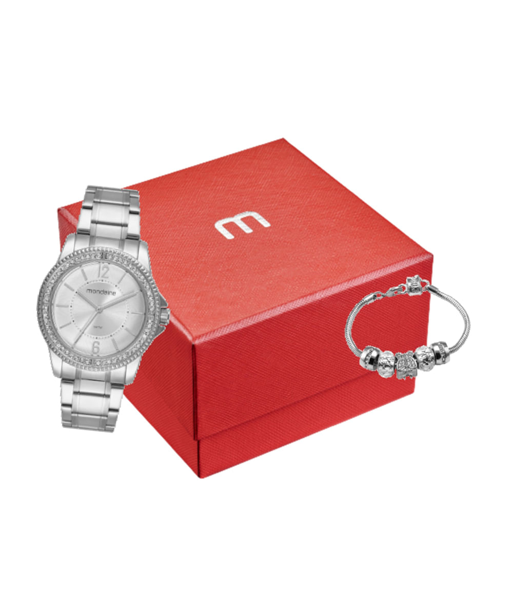 kit relógio feminino mondaine 53601l0mvne5kk analógico prateado