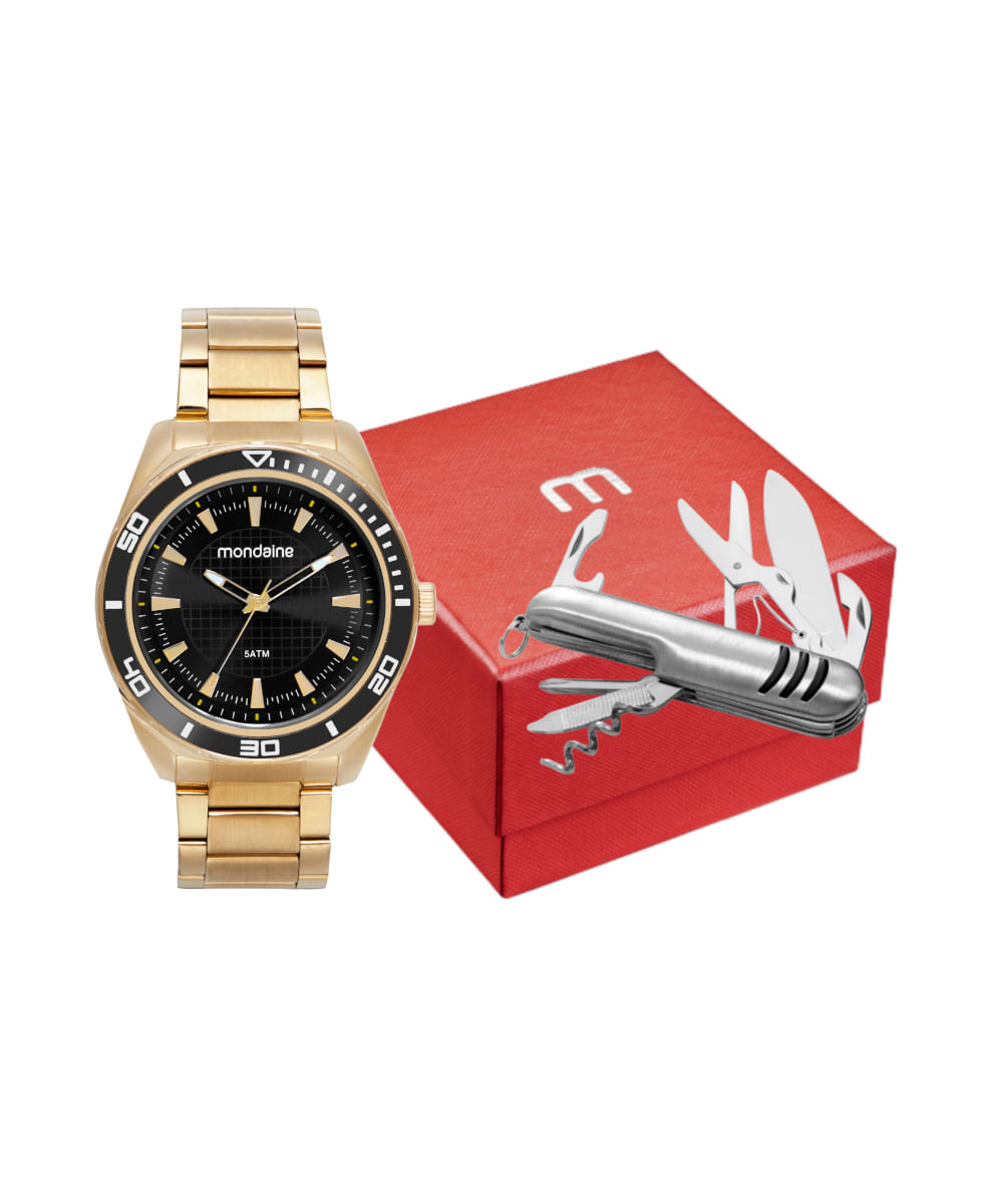 kit relógio masculino mondaine 32655gpmvde2kf analógico dourado