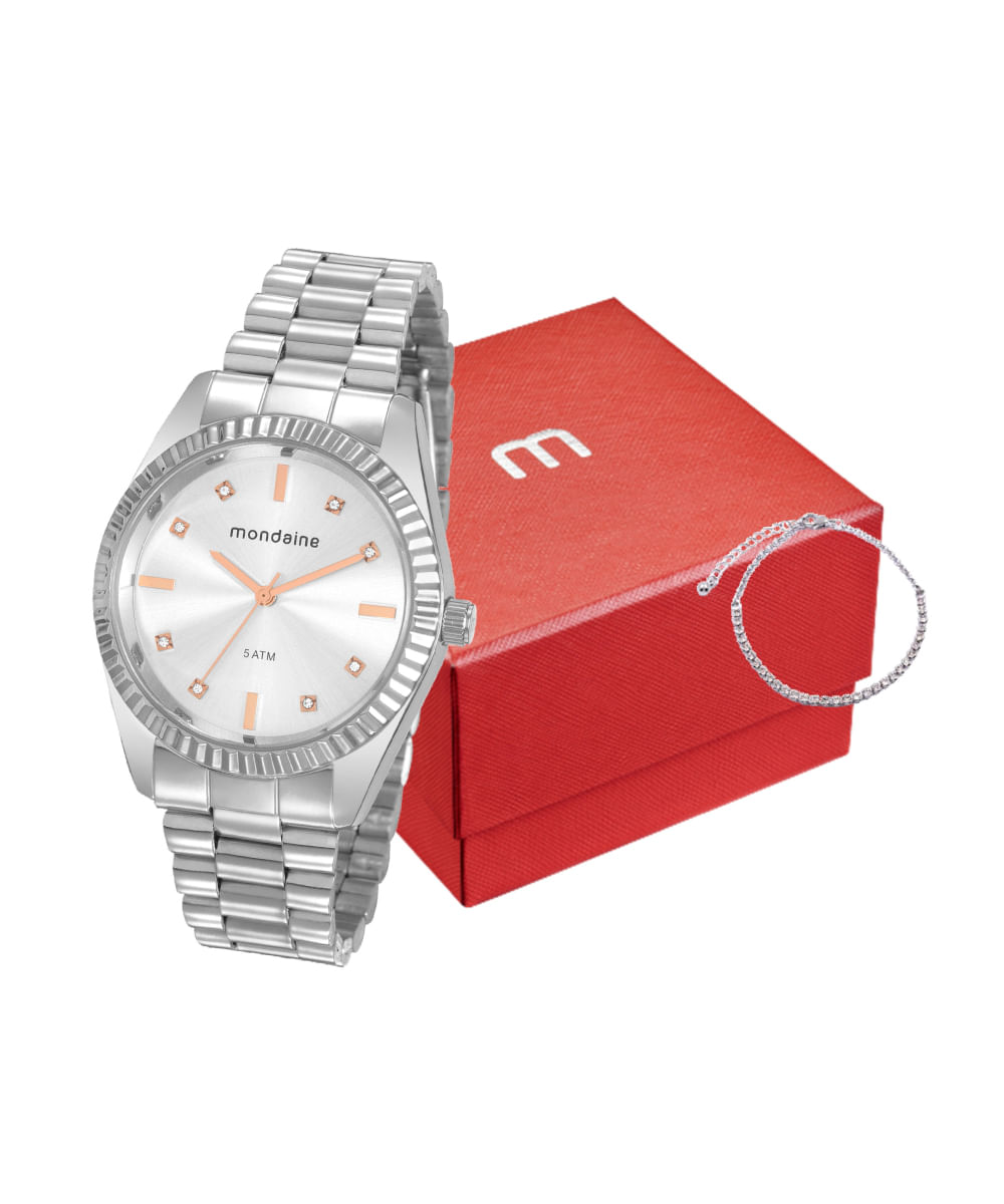 kit relógio feminino mondaine 76768l0mvne1kb analógico prateado