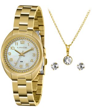 kit relógio feminino lince lrg4679lkz80b2kx analógico dourado
