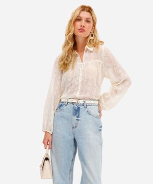 camisa feminina manga longa bordada floral off white