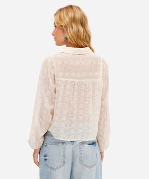 camisa feminina manga longa bordada floral off white