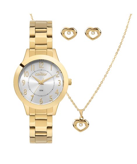 kit relógio feminino condor co2035nlmk4k analógico dourado