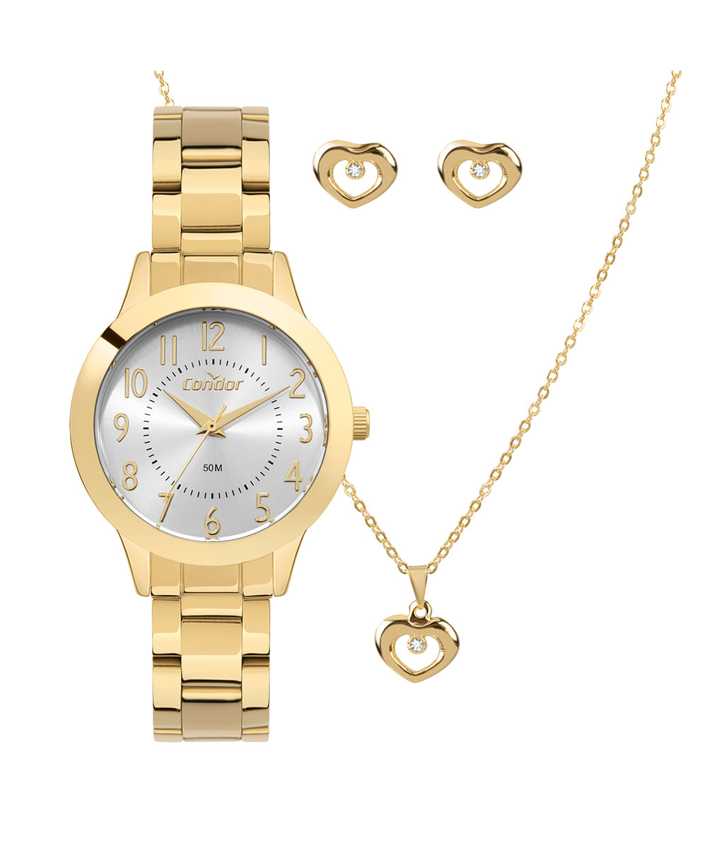 kit relógio feminino condor co2035nlmk4k analógico dourado