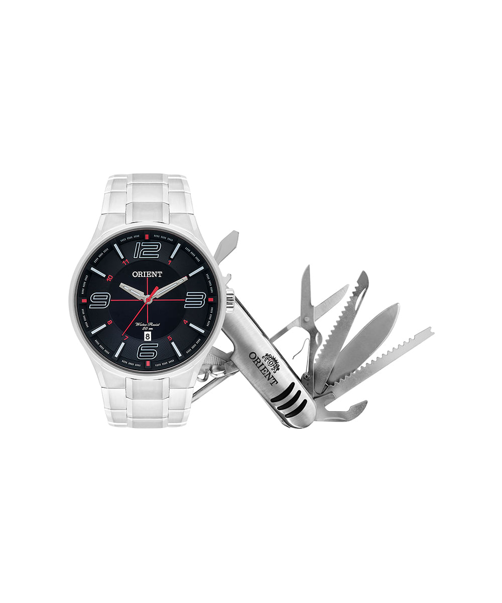 kit relógio masculino orient mbss1306ke29p2sx analógico calendário prateado