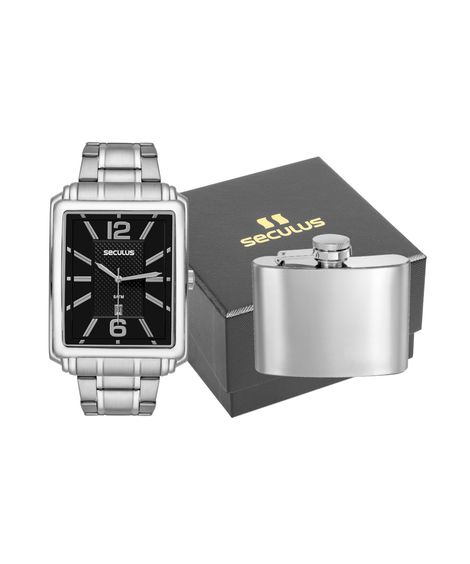 kit relógio masculino seculus 23706g0svna3k analógico calendário prateado