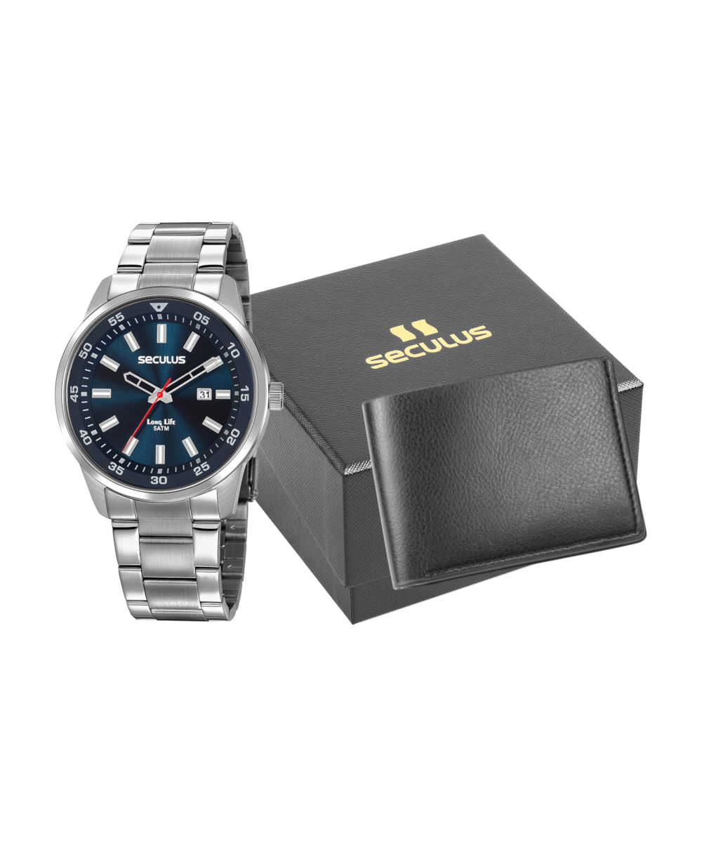 kit relógio masculino seculus 20786g0svna1kt analógico calendário prateado