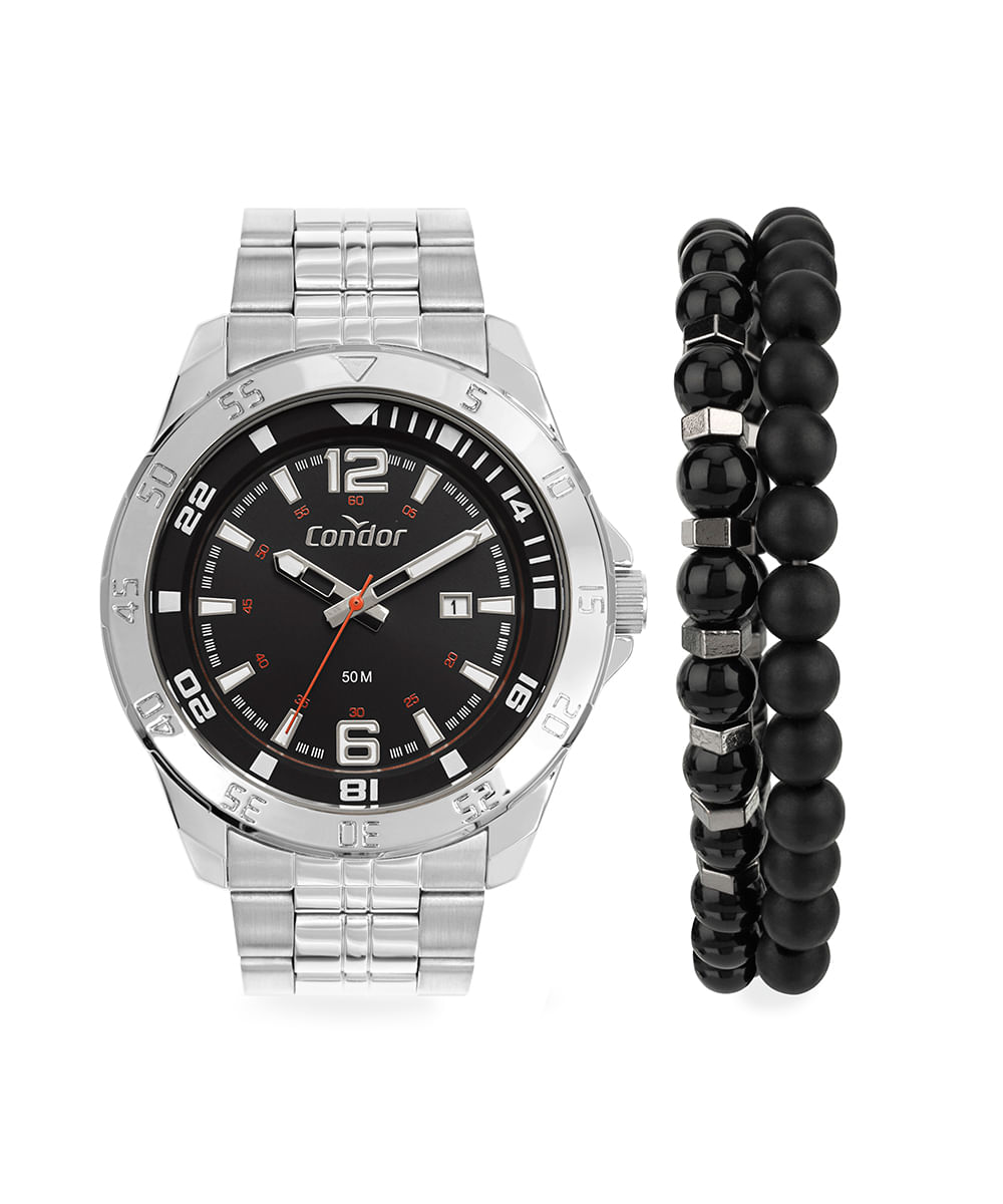 kit relógio masculino condor co2115mzck4p analógico prateado