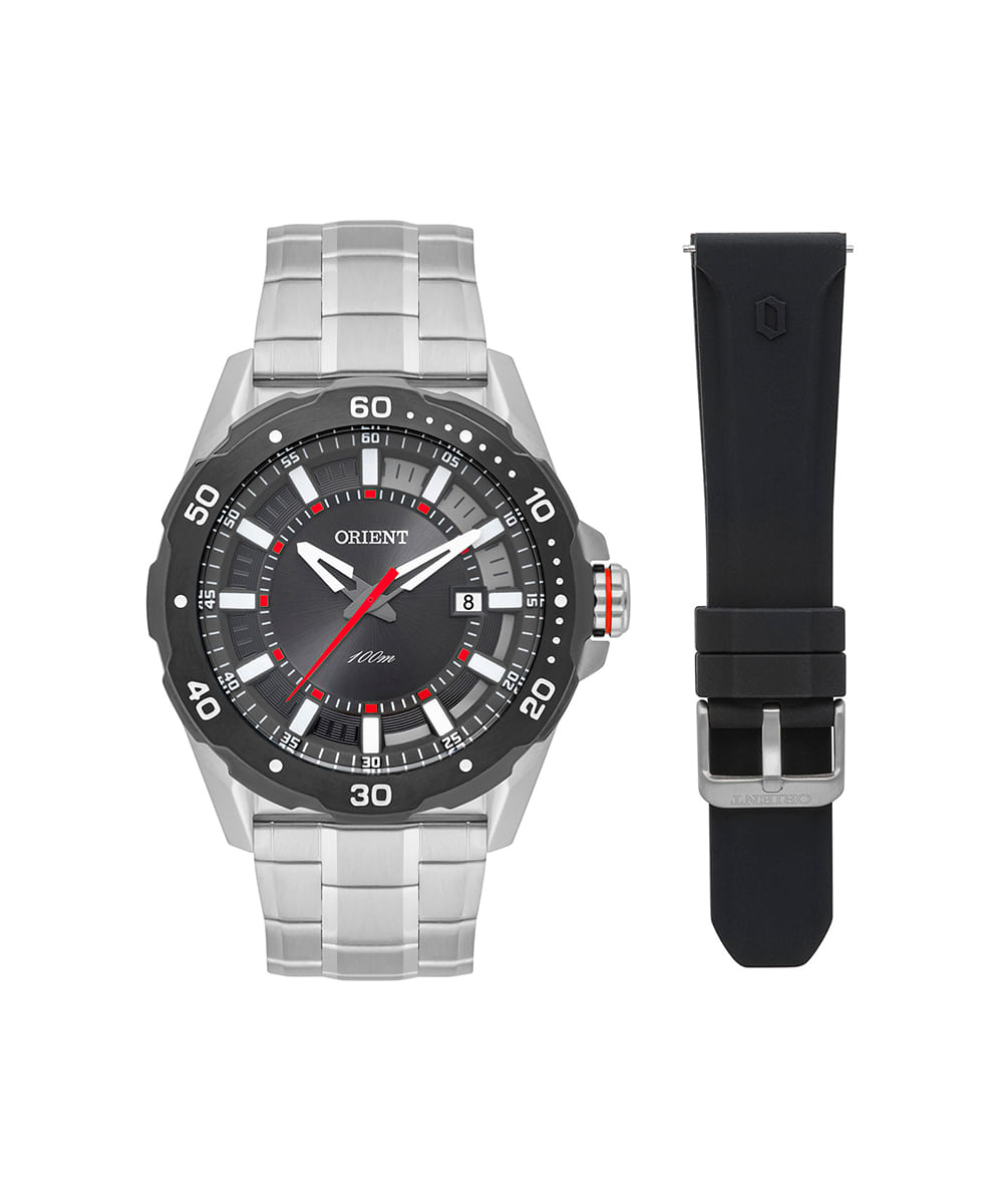 kit relógio masculino orient mbss1477p1sx analógico calendário prateado