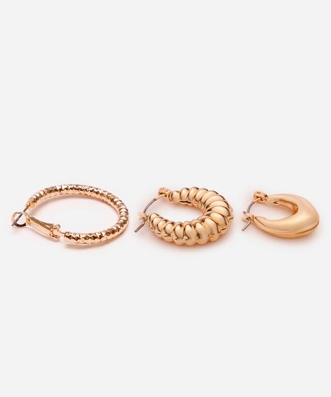 kit de 3 brincos de argolas texturizadas dourado