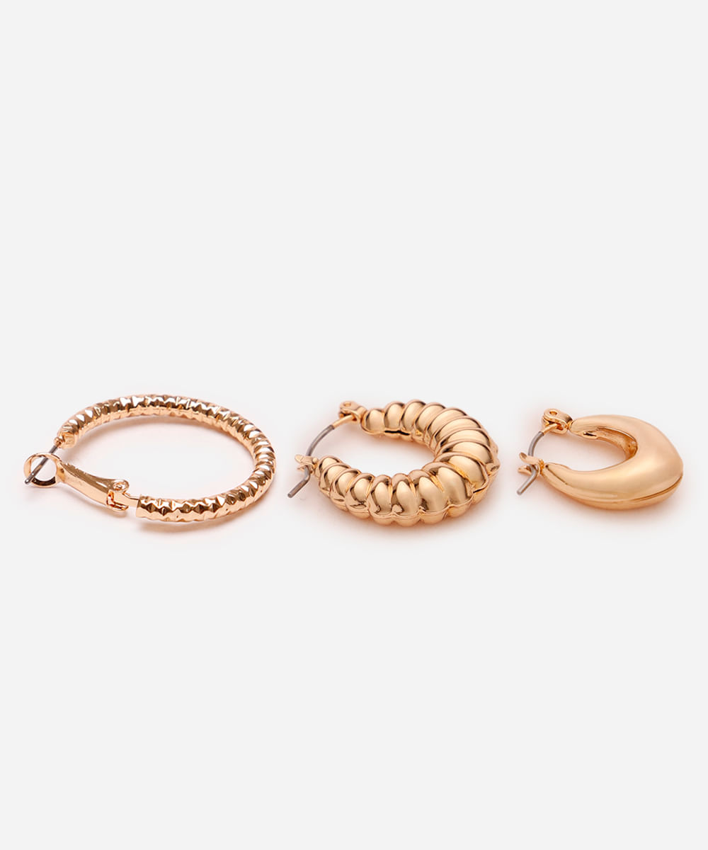 kit de 3 brincos de argolas texturizadas dourado