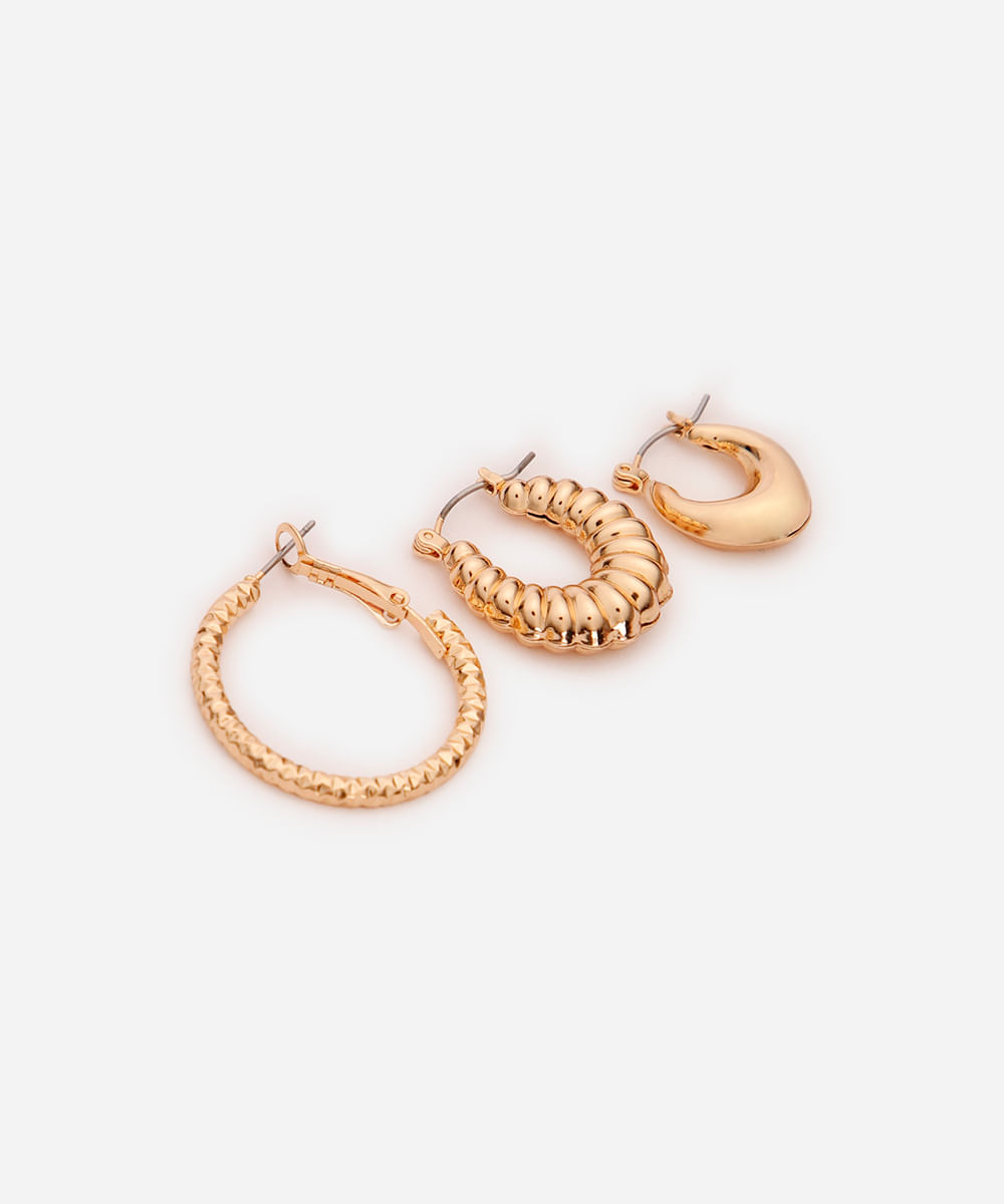 kit de 3 brincos de argolas texturizadas dourado